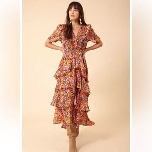 Hale Bob Pink and Purple Ruffled Tiered Midi Dress